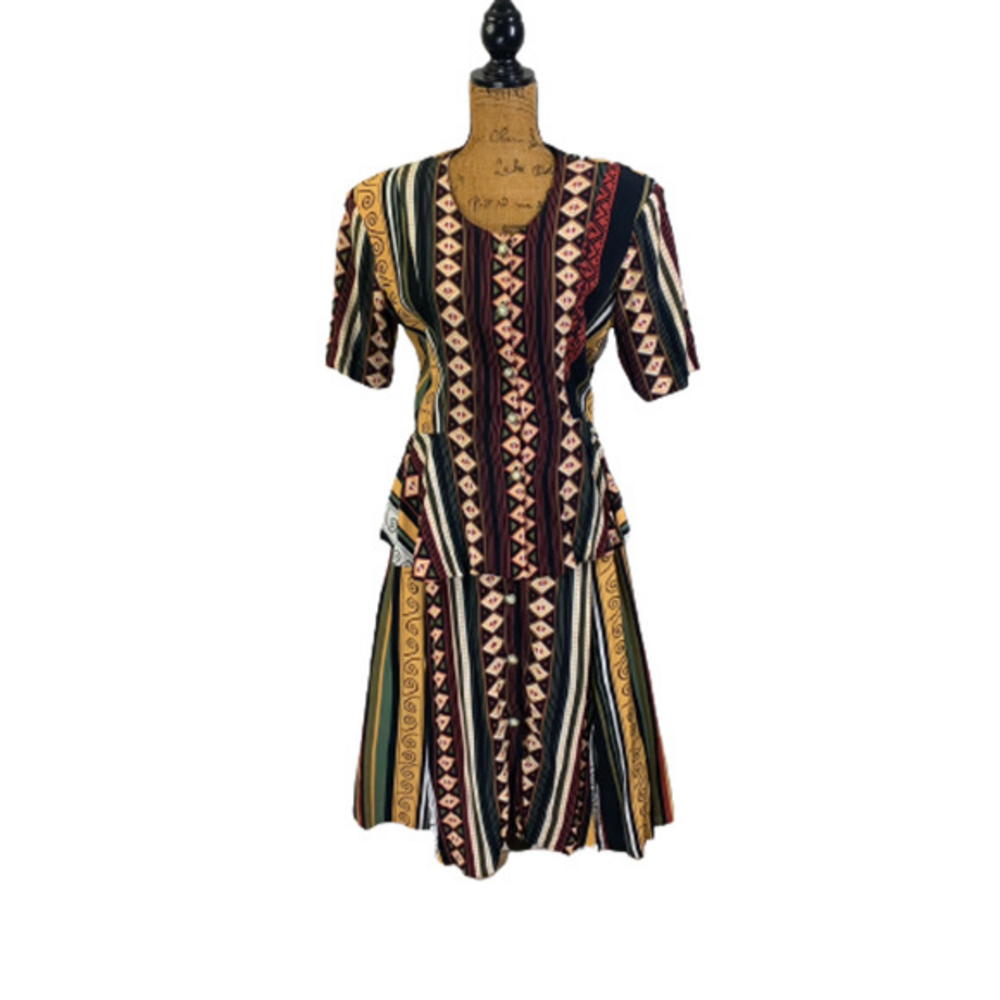 TED LAPIDUS‎ Vintage Multi-Color Patchwork Geometric Print 2-Piece Dress